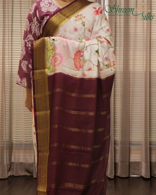 Lotus Pichwai Prints Pure Mysore Crepe Silk Saree - Image 5