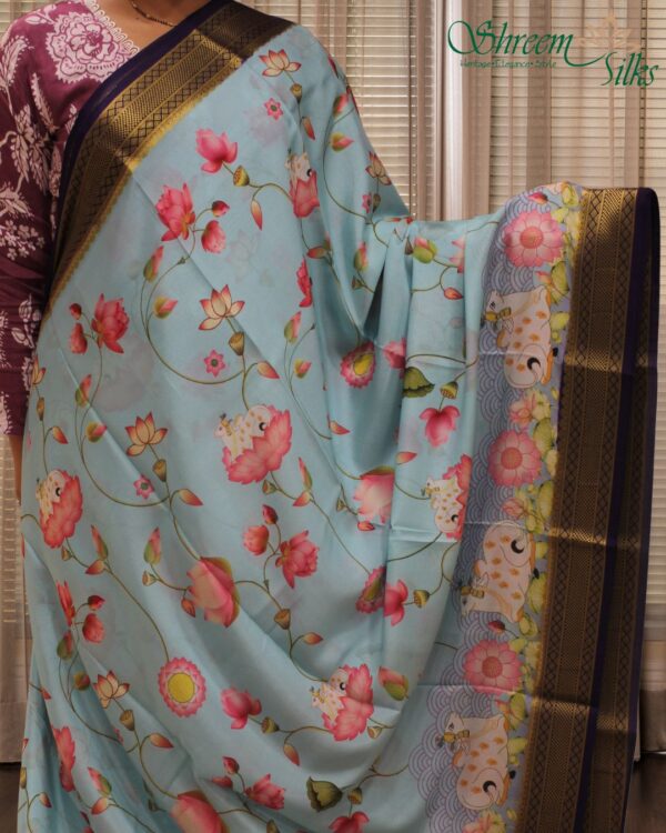 Lotus Pichwai Prints Pure Mysore Crepe Silk Saree - Image 6
