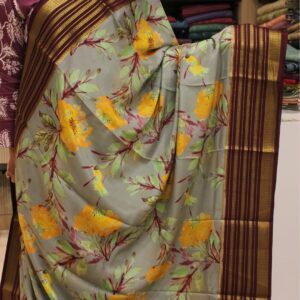 Grey and Wine Floral Prints Pure Mysore Crepe Silk Saree
