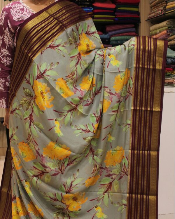 Grey and Wine Floral Prints Pure Mysore Crepe Silk Saree
