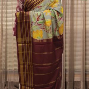 Alternative view of Grey and Wine Floral Prints Pure Mysore Crepe Silk Saree