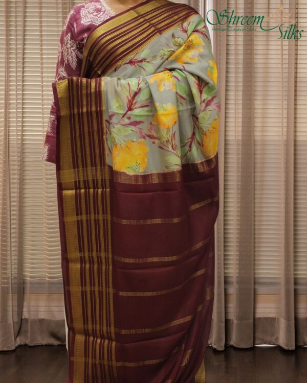 Grey and Wine Floral Prints Pure Mysore Crepe Silk Saree - Image 2