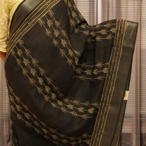 Black with White Kantha work & Tissue Border Linen Saree