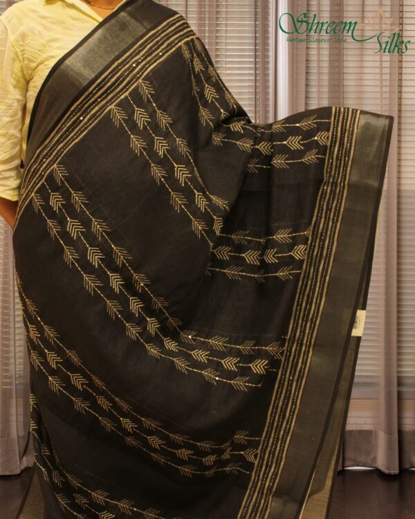 Black with White Kantha work & Tissue Border Linen Saree