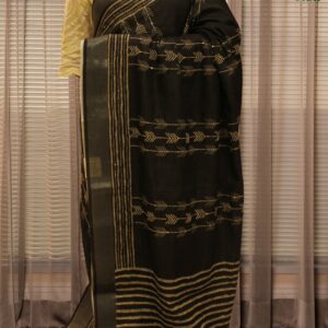 Alternative view of Black with White Kantha work & Tissue Border Linen Saree