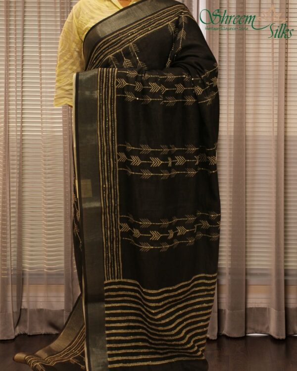 Black with White Kantha work & Tissue Border Linen Saree - Image 2