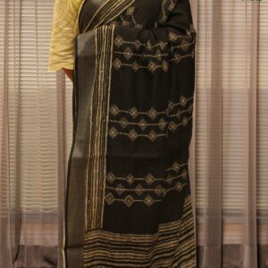 Black with White Kantha work & Tissue Border Linen Saree
