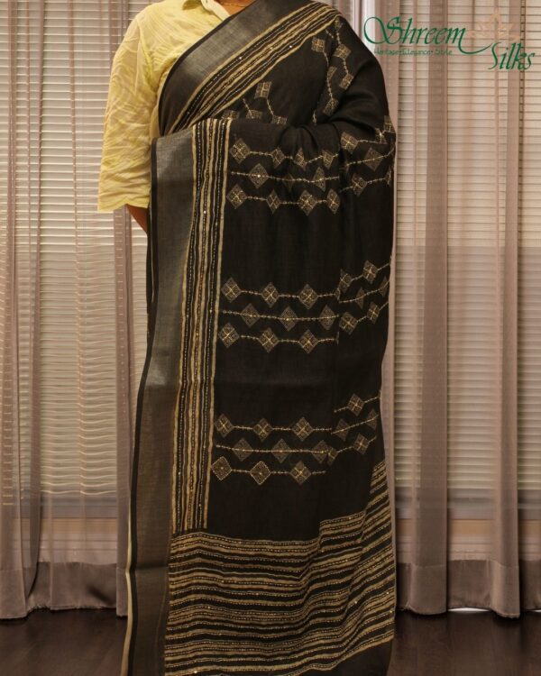 Black with White Kantha work & Tissue Border Linen Saree