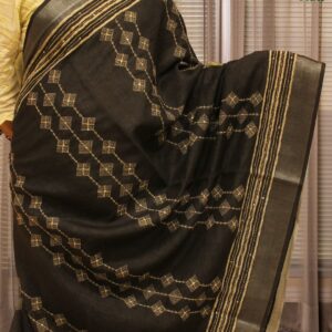 Alternative view of Black with White Kantha work & Tissue Border Linen Saree