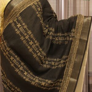 Black with White Kantha work & Tissue Border Linen Saree