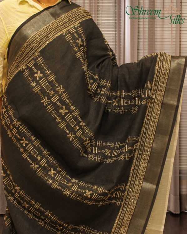 Black with White Kantha work & Tissue Border Linen Saree