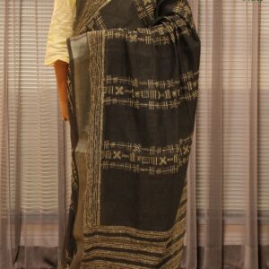 Alternative view of Black with White Kantha work & Tissue Border Linen Saree