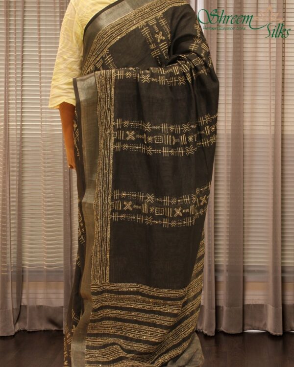 Black with White Kantha work & Tissue Border Linen Saree - Image 2