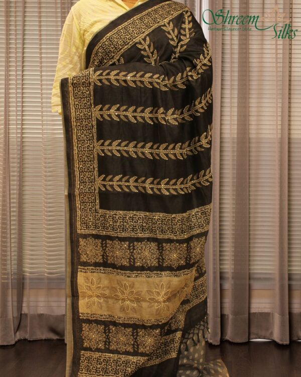 Black & Grey with Kantha work Chanderi Saree