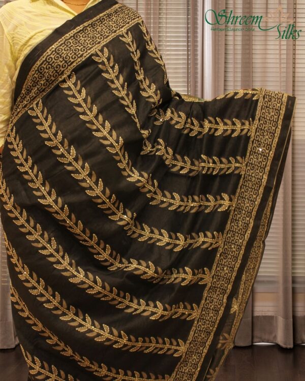 Black & Grey with Kantha work Chanderi Saree - Image 2