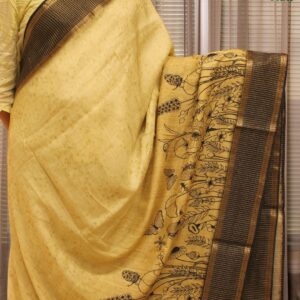 Alternative view of Beige with Black Floral Prints Jute Saree