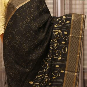 Alternative view of Black with Beige Floral Prints Jute Saree