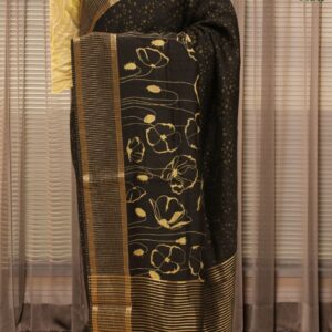 Black with Beige Floral Prints Jute Saree