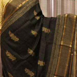 Black with Grey Leaf Prints Jute Saree