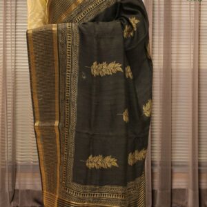 Alternative view of Black with Grey Leaf Prints Jute Saree
