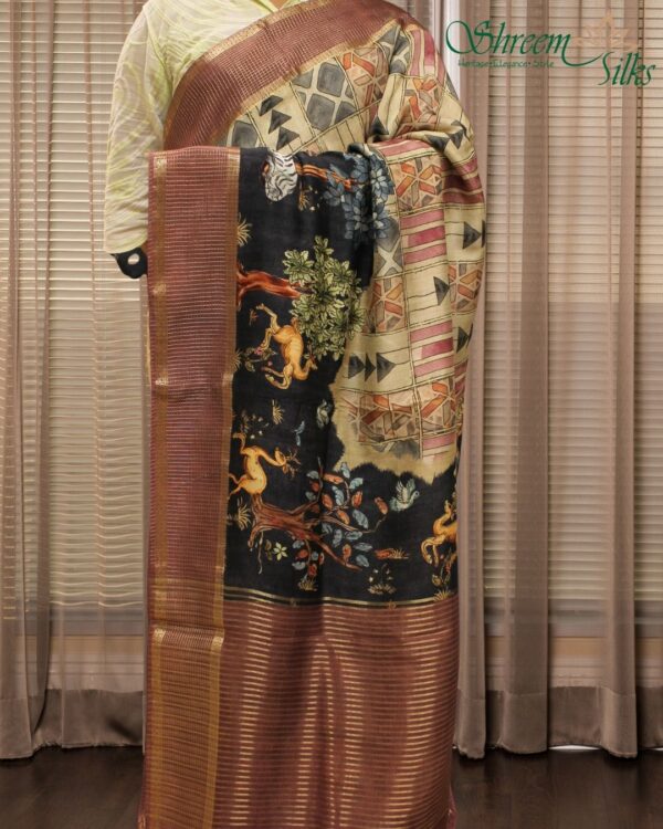 Black with Multicolour Geometrical Prints Jute Saree