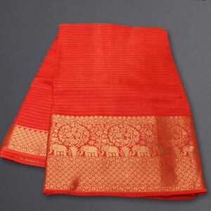 Alternative view of Zari Woven Horizontal Stripes with Rich Border Russian Silk Saree