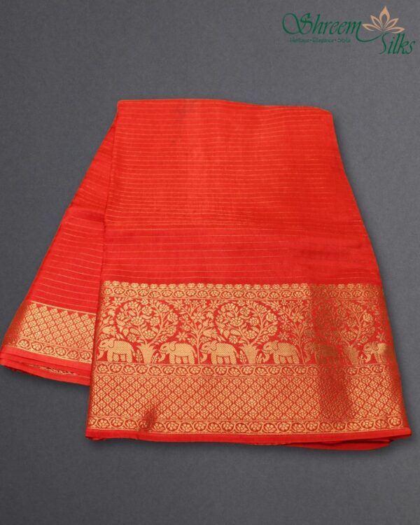 Zari Woven Horizontal Stripes with Rich Border Russian Silk Saree - Image 2
