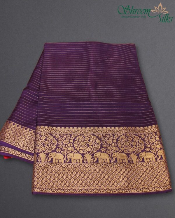 Zari Woven Horizontal Stripes with Rich Border Russian Silk Saree - Image 3