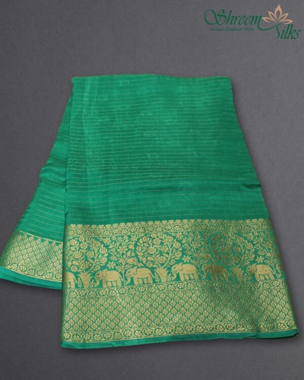 Zari Woven Horizontal Stripes with Rich Border Russian Silk Saree - Image 5