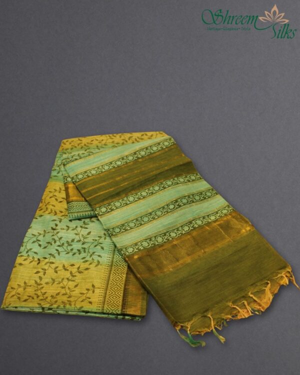 Leaves Block Prints with Temple Border Tussar Saree - Image 2
