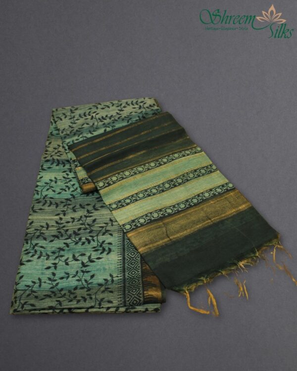 Leaves Block Prints with Temple Border Tussar Saree - Image 3