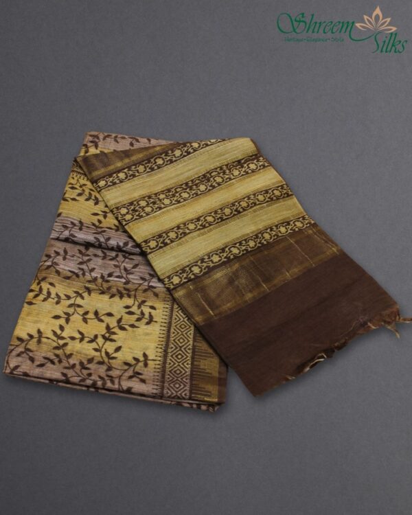 Leaves Block Prints with Temple Border Tussar Saree
