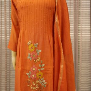 Orange with Multicolour Embroidery & Aplique work Mul Chanderi Kurta Set