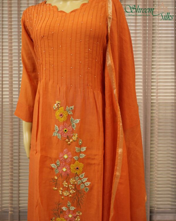 Orange with Multicolour Embroidery & Aplique work Mul Chanderi Kurta Set