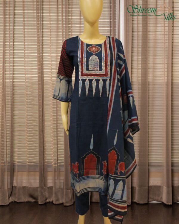 Indigo with Ajrakh Prints & Thread work Kurta Set - Image 2