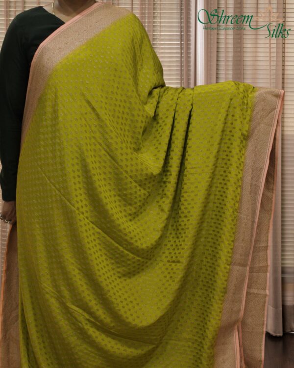 Olive Green & Pink Leaf Buttas Pure Banaras Crepe Silk Saree