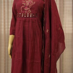 Floral Embroidery with Mirror work on Yok Mul Chanderi Anarkali Kurta Set - Wine