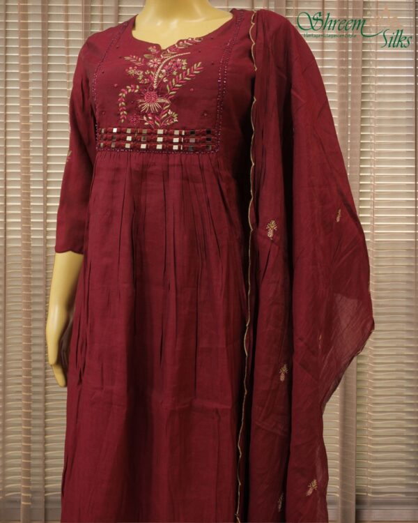Floral Embroidery with Mirror work on Yok Mul Chanderi Anarkali Kurta Set - Wine