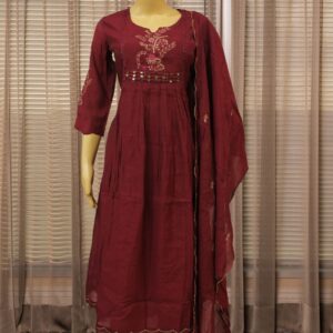 Alternative view of Floral Embroidery with Mirror work on Yok Mul Chanderi Anarkali Kurta Set - Wine