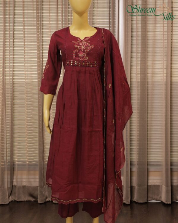 Floral Embroidery with Mirror work on Yok Mul Chanderi Anarkali Kurta Set - Wine - Image 2