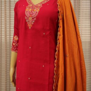 Embrodery with Sequence work on Neckline Mul Chanderi Kurta Set - Pink & Orange