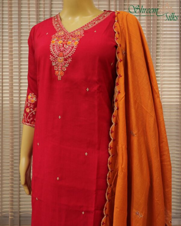 Embrodery with Sequence work on Neckline Mul Chanderi Kurta Set - Pink & Orange