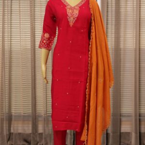 Alternative view of Embrodery with Sequence work on Neckline Mul Chanderi Kurta Set - Pink & Orange