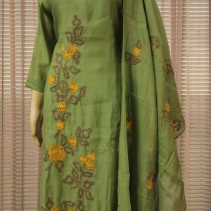Floral Embroidery with Sequence work Mul Chanderi Kurta Set - Mehendi Green