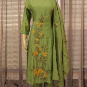Alternative view of Floral Embroidery with Sequence work Mul Chanderi Kurta Set - Mehendi Green
