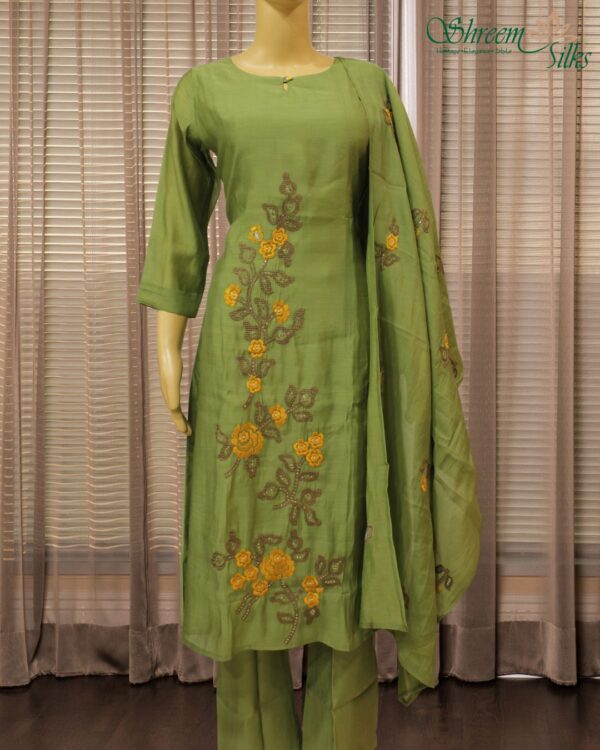 Floral Embroidery with Sequence work Mul Chanderi Kurta Set - Mehendi Green - Image 2