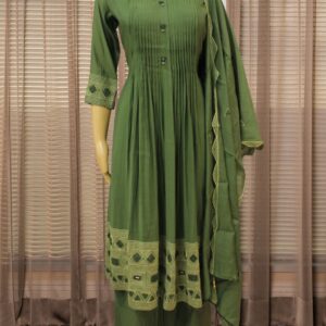 3D Embroidery with Mirror work Mul Chanderi Anarkali Kurta Set - Green