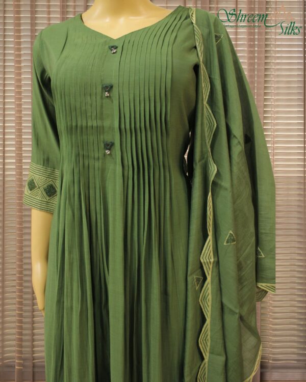 3D Embroidery with Mirror work Mul Chanderi Anarkali Kurta Set - Green - Image 2