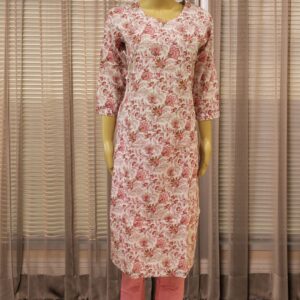 Floral Prints with Kantha & Sequence work Cotton Kurta Set - White & Pink