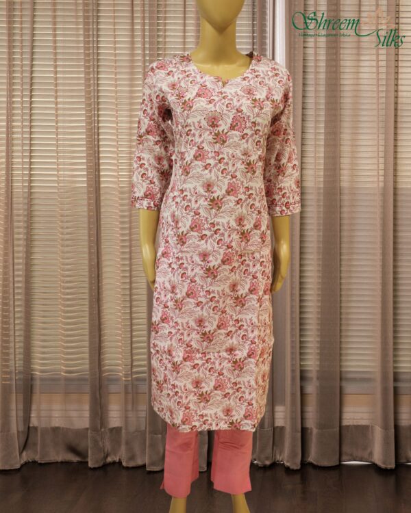 Floral Prints with Kantha & Sequence work Cotton Kurta Set - White & Pink